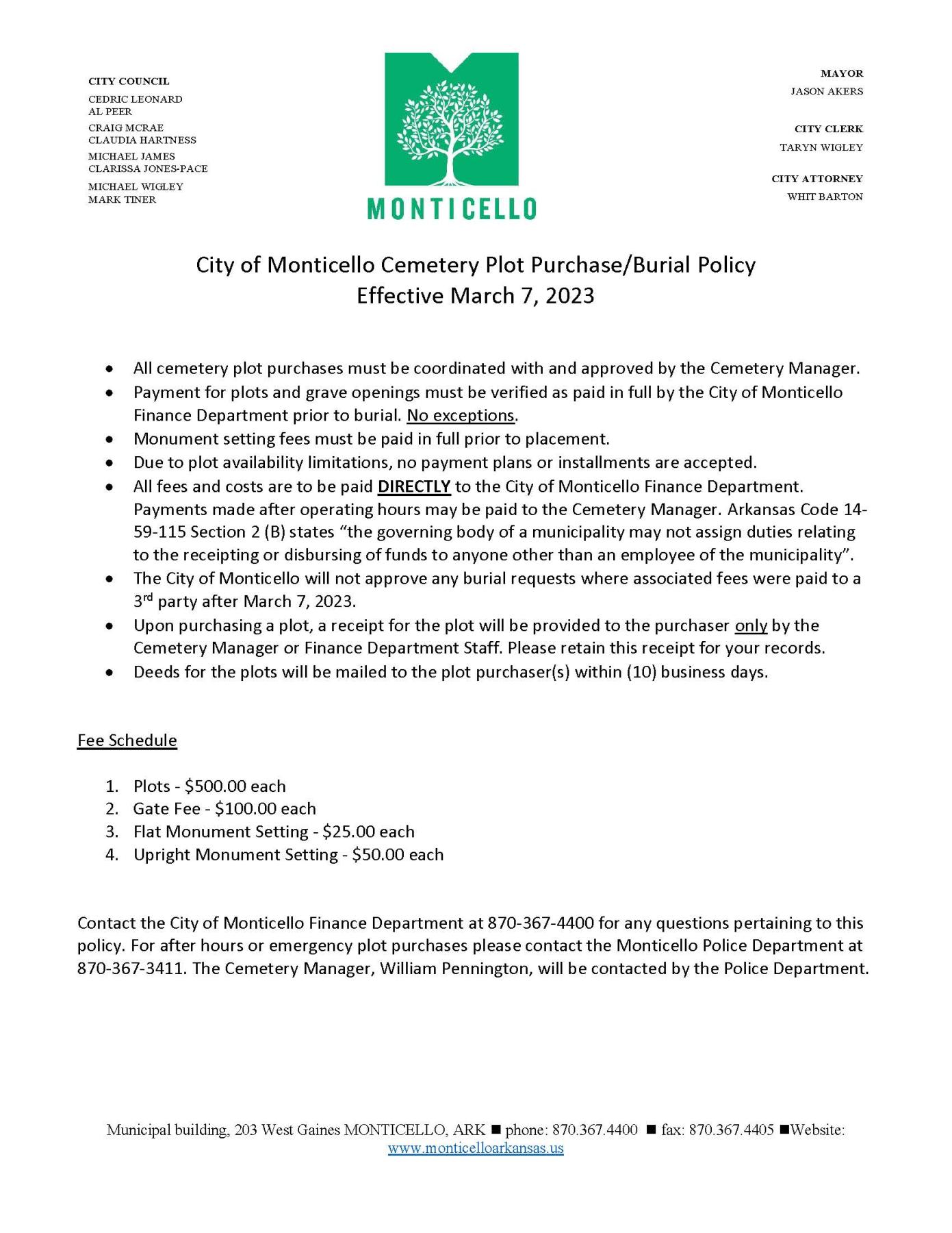 City of Monticello Cemetery Plot Purchase/Burial Policy